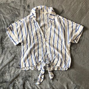 Becaal Blue And White Striped Tie Front Blouse